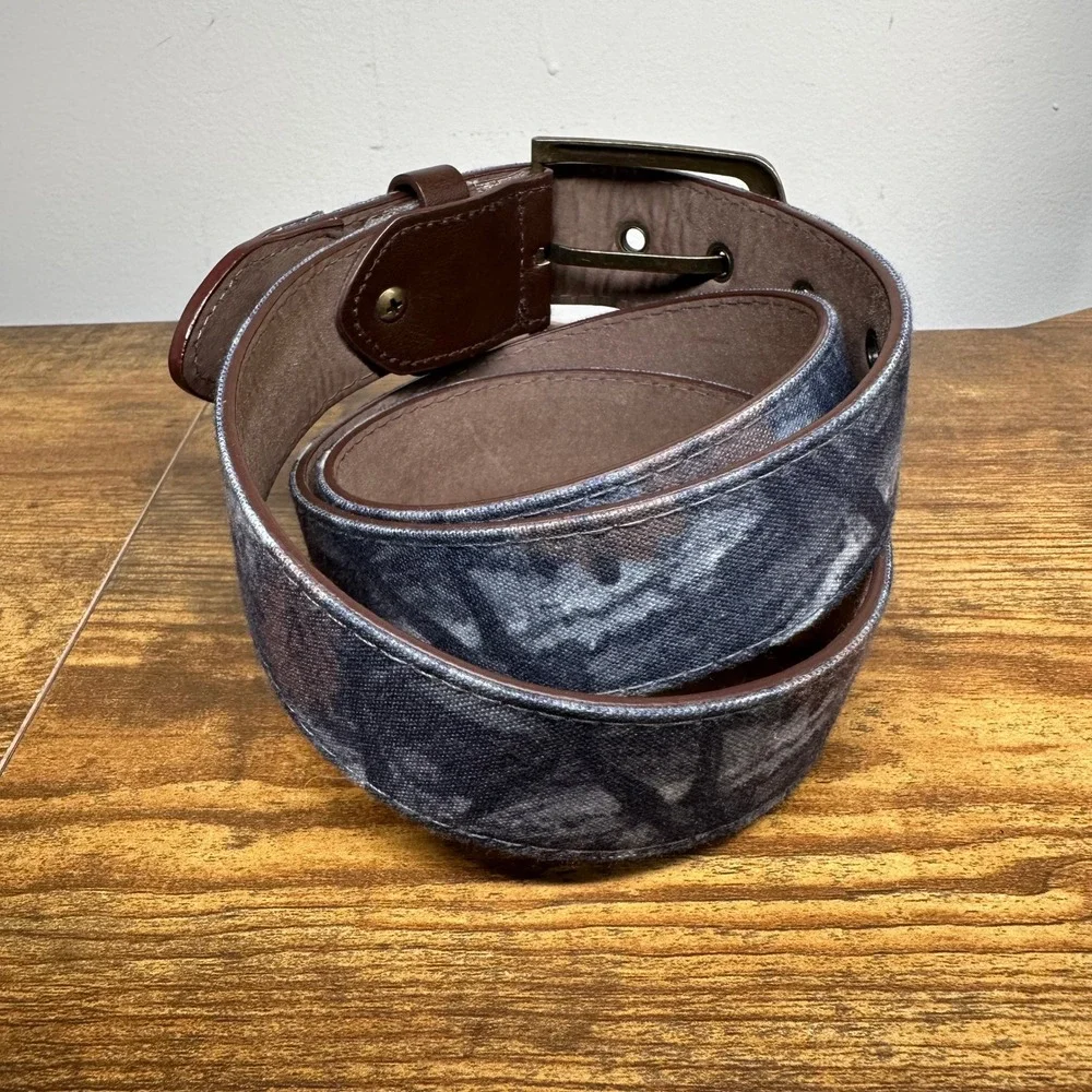 Woodland Creek Outdoor Ready Mens Camo Canvas Belt Blue Grey Brass Buckle